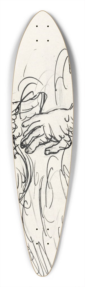 Leo Gestel - Zonder titel Schets vignet voor biografie van Gestel door Van der Pluym, gezicht op Woerden met daarboven een hand die reikt naar een gevleugeld palet 39.3 inch art pintail longboard deck