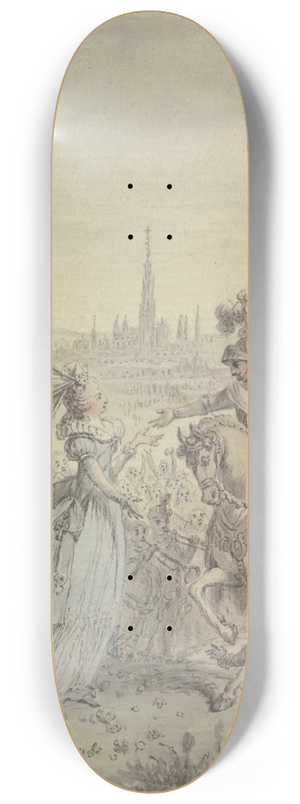 Christian Sambach - Eine Frstin und Mdchen mit Blumen empfangen vor einem Zelt einen Ritter zu Pferde 8.25 inch art skate deck