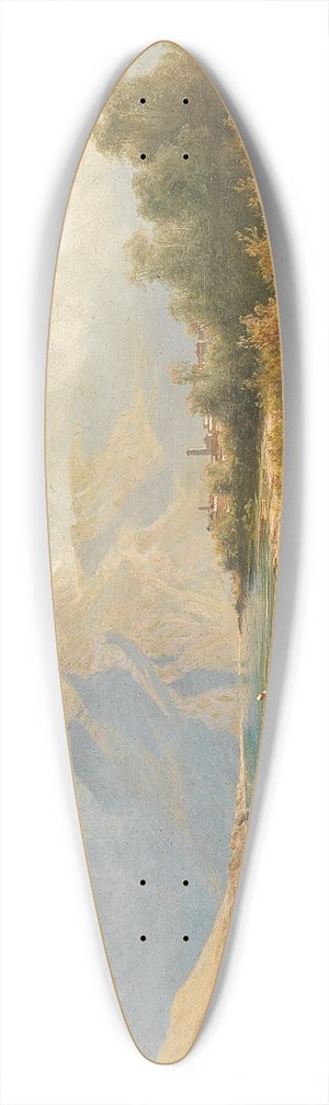 Leopold Heinrich Vscher - Upper Italian Town on a Lakeshore with Herd of Sheep and Shepherd in the foreground 39.3 inch art pintail longboard deck
