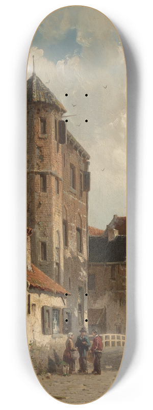 Adrianus Eversen - View of a sunlit Dutch street scene 8.25 inch art skate deck