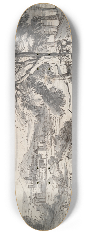 Circle of Adam van der Meulen, - Landscape with Travelers and City in theDistance 8.25 inch art skate deck