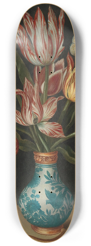 Circle of Ambrosius Bosschaert I - A still life with parrot tulips in a Wan-Li vase, a fly and a lizard 8.25 inch art skate deck