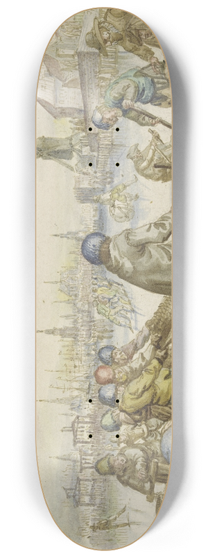 Claes Janszoon Visscher I - Winterlandschaft mit vielen Schlittschuhlufern, im Vordergrund ziehen Fischer ein Netz aus dem Eise 8.25 inch art skate deck