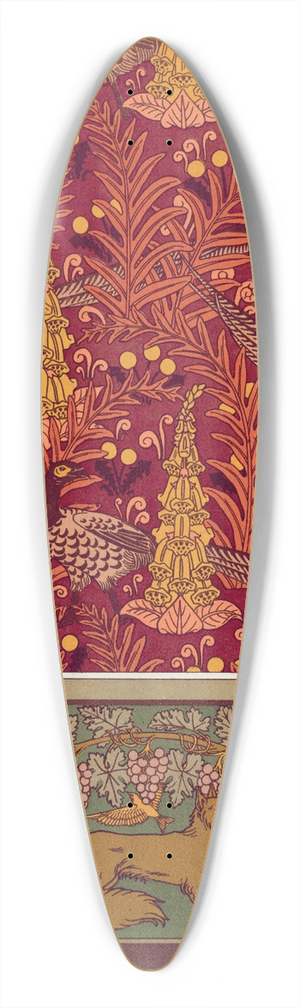 Maurice Pillard Verneuil - Faisans ordinaires, digitales, fougres et pissenlit, toffe imprime. Renard, oiseaux et vigne, bordure. 39.3 inch art pintail longboard deck Maurice Pillard Verneuil - Faisans ordinaires, digitales, fougres et pissenlit, toffe imprime. Renard, oiseaux et vigne, bordure. 39.3 inch art pintail longboard deck