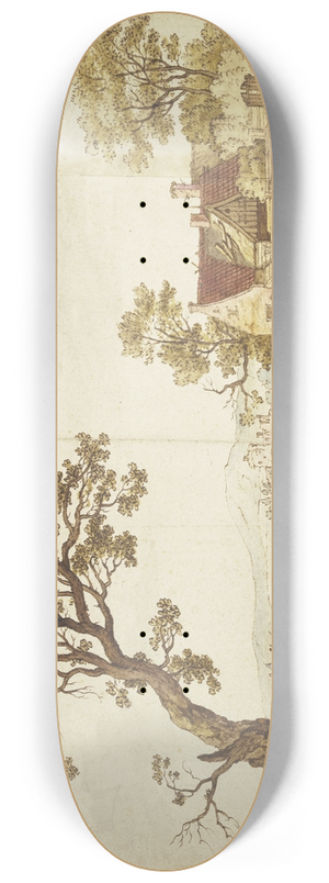 Aernout Ter Himpel - Bauernhof bei einer steinernen Brcke, ber welche ein Reiter in rotem Mantel begleitet von einem Hund reiten will 8.25 inch art skate deck