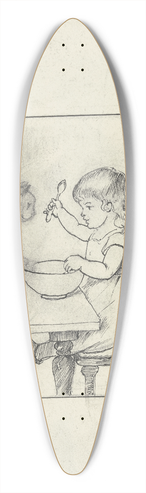 Otto Scholderer - Kind am Esstisch mit Katze, rechts vier Skizzen eines Katzenkopfes im Profil 39.3 inch art pintail longboard deck