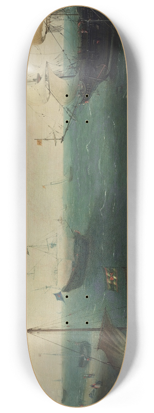 Cornelis Claesz. van Wieringen - A coastline with ships and figures on the shore 8.25 inch art skate deck