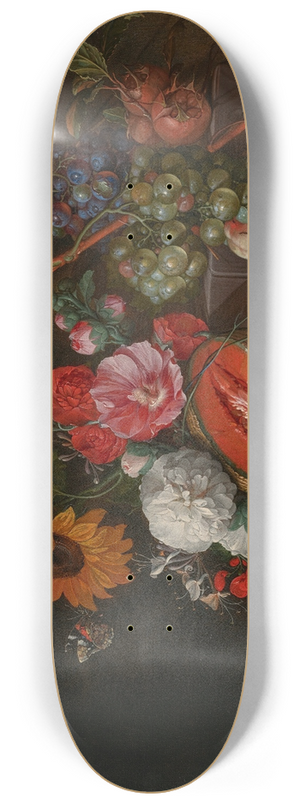 Cornelis de Heem - A melon, peaches, grapes, medlars, sunflowers, roses, peonies and other flowers with butterflies and other insects on a stone ledge 8.25 inch art skate deck