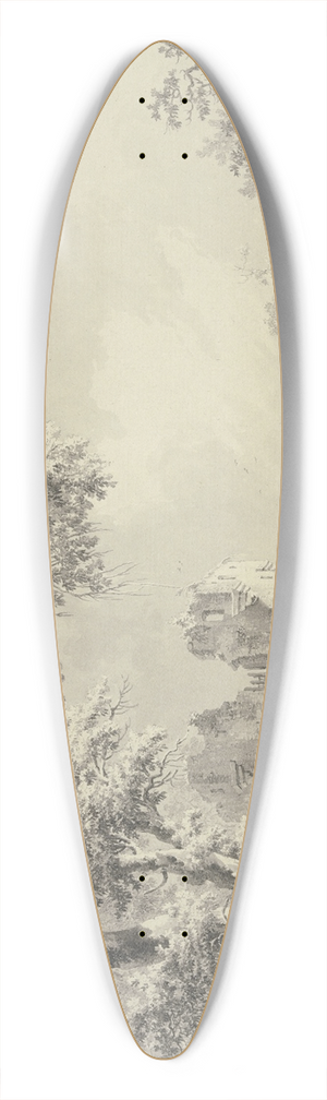 Paulus van Liender - Links eine Turmruine am Wasser, rechts eine Brcke, vorne zwei Fischer bei einem Netz 39.3 inch art pintail longboard deck