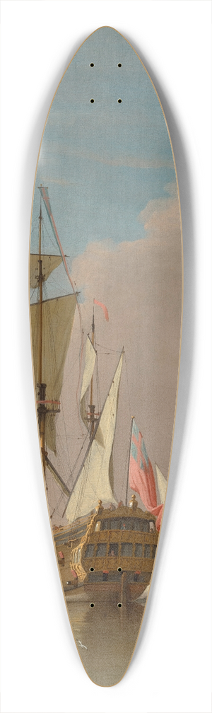 Peter Monamy - A Royal Navy 46-gun Man-o-war firing a salute in a calm sea 39.3 inch art pintail longboard deck