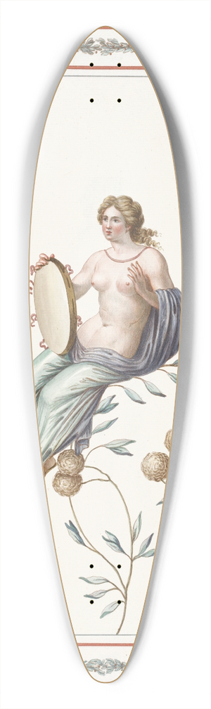 Pierre-Jean Mariette - Partially nude woman sitting on flowering branch, holding tambourine. 39.3 inch art pintail longboard deck Pierre-Jean Mariette - Partially nude woman sitting on flowering branch, holding tambourine. 39.3 inch art pintail longboard deck
