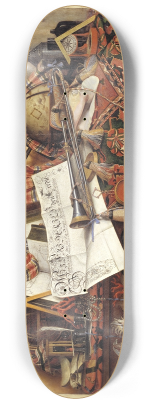 Cornelius Norbertus Gijsbrechts - Trompe Loeil With Trumpet, Celestial Globe And Proclamation By Frederik III 8.25 inch art skate deck
