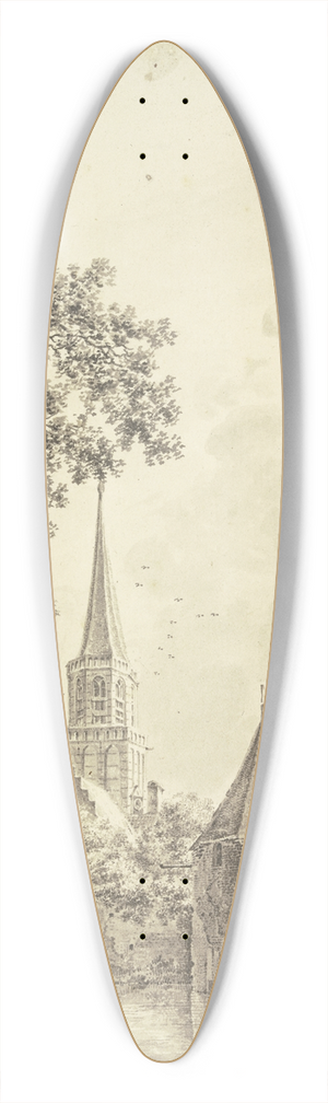 Pieter Jan van Liender - Wassergraben an der Stadtmauer mit einem runden Turm, hinten die Kirche, auf demselben zwei Khne 39.3 inch art pintail longboard deck