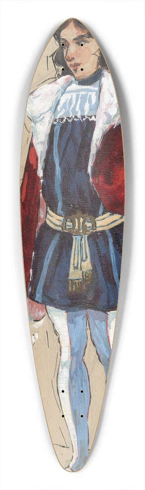 Plinio Codognato - A man stands with a finger pointed, wearing a red hat, blue doublet and hose and a red overgarment 39.3 inch art pintail longboard deck