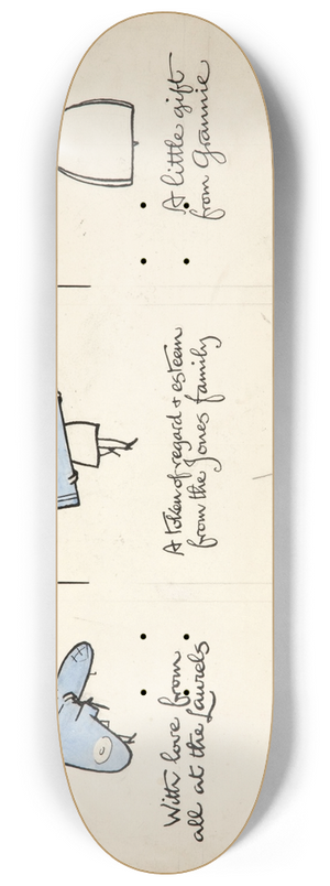 Cyril Kenneth Bird (Fougasse)  - Three cartoon figures of women carrying an aeroplane, a shell and a machine gun 8.25 inch art skate deck