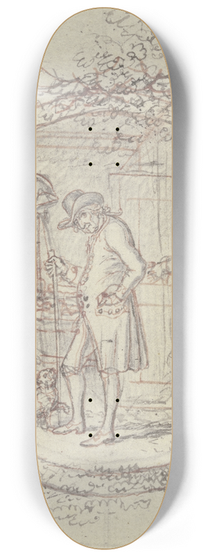 Daniel Nikolaus Chodowiecki - Ein gebeugter alter Mann mit Hut und Stock steht, nach links gewandt, in seinem Zimmer, das hinter ihm eine alte Magd mit Kaffeegeschirr und Hausschuhen betritt 8.25 inch art skate deck