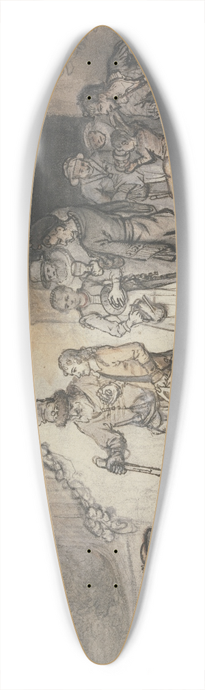 Samuel van Hoogstraten - Ein junger Mann, gestiefelt und gespornt, tritt begleitet von seinem alten Vater und seiner Familie aus einem Haus, im Hintergrund halten Diener sein Pferd 39.3 inch art pintail longboard deck