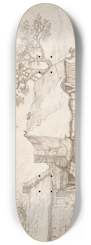 After Abraham Bloemaert - Farm Buildings with Peasants, a Goat, and the Abduction ofGanymede 8.25 inch art skate deck