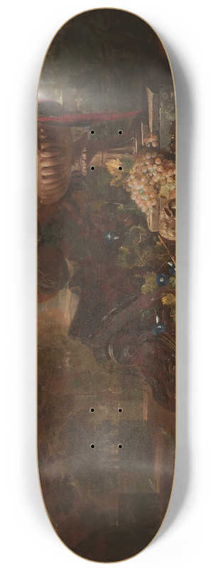 David de Coninck - A Still Life of Fruit on a Silver Dish with Figure, Rabbits, Parrot, and Monkey Beneath a Broken Capital and an Ornamental Urn 8.25 inch art skate deck