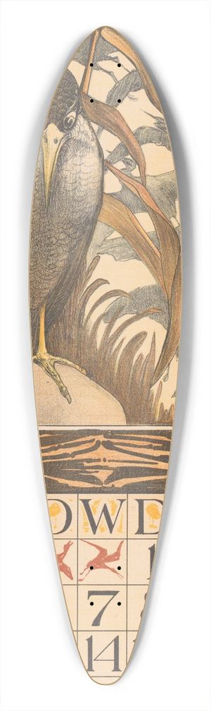 Theo van Hoytema - Kalenderblad oktober met vogel op een poot 39.3 inch art pintail longboard deck Theo van Hoytema - Kalenderblad oktober met vogel op een poot 39.3 inch art pintail longboard deck