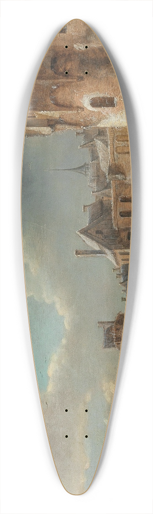 Thomas Heeremans - Skaters and a horse-drawn sleigh on the ice outside a walled town 39.3 inch art pintail longboard deck Thomas Heeremans - Skaters and a horse-drawn sleigh on the ice outside a walled town 39.3 inch art pintail longboard deck