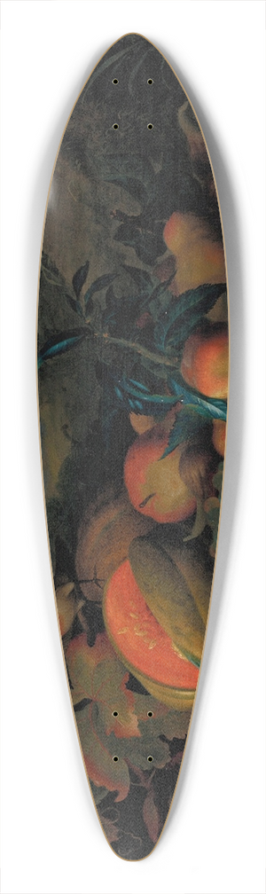 Tobias Stranover - A split melon, peaches, plums, grapes, apples and currants with a parrot and a bullfinch, a mountainous landscape beyond 39.3 inch art pintail longboard deck
