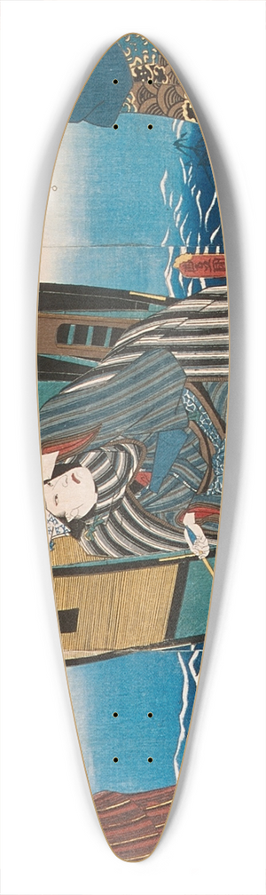 Utagawa Kunisada (Toyokuni III) - Iwai Hanshir VIII as Geisha Ohisa, Kataoka Gad II as Matsushiyama Jinzabur, and Onoe Kikujir II as Izumiyas wife Oume in the Play Matsuich tsurukame Soga 39.3 inch art pintail longboard deck