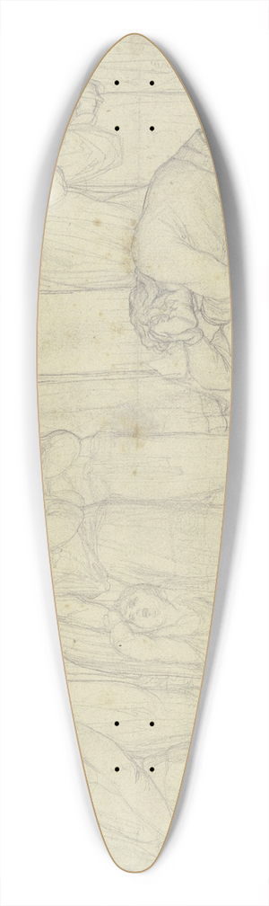Victor Mller - Ein junger Mann, den Kopf verzweifelt in die Hand gesttzt, liegt auf den Stufen einer Treppe, um ihn herum trauernde Frauen 39.3 inch art pintail longboard deck