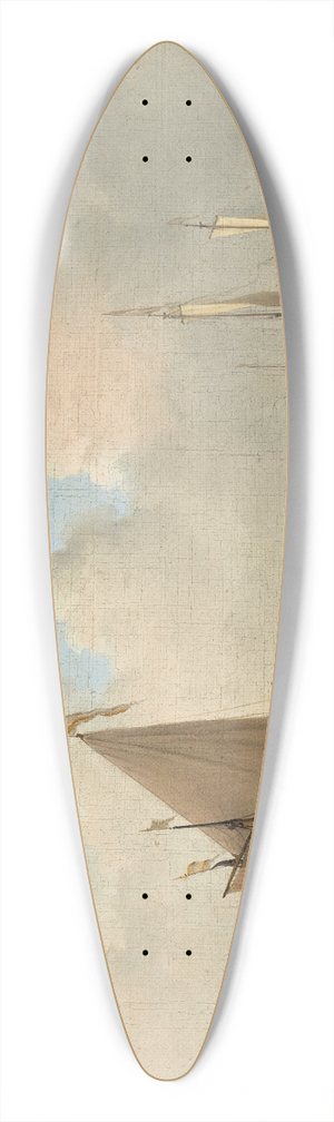 Willem van de Velde the Younger - A Calm  A kaag alongside a smalschip at anchor, with a weyschuit being pushed off the shore and a man-of-war firing a salute beyond 39.3 inch art pintail longboard deck