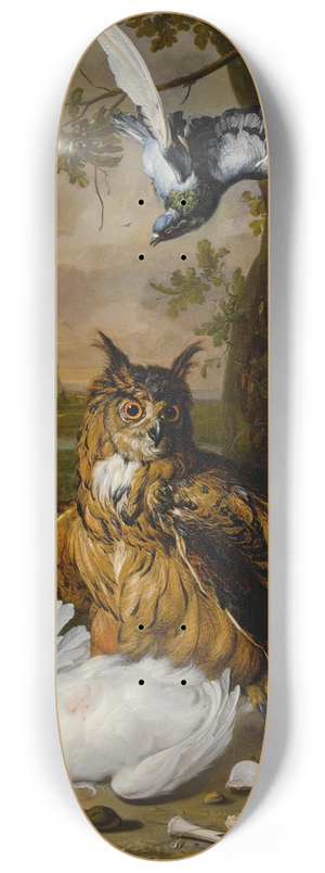 Dirk Valkenburg - A Eurasian eagle-owl with other birds in a landscape 8.25 inch art skate deck
