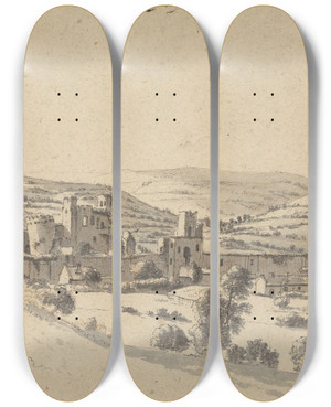 Triptych art skateboard deck of Hendrik Danckerts Caerphilly Castle_2 by Hendrik Danckerts (1625-1680)