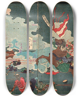 Triptych art skateboard deck of Tsukioka Yoshitoshi The Great Battle At Sekigahara by Tsukioka Yoshitoshi (1839-1892)