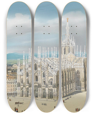 Triptych art skateboard deck of Leopoldo Calvi Panorama Von Mailand_2 by Leopoldo Calvi (19-)