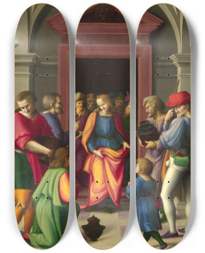 Triptych art skateboard deck of Bacchiacca Joseph Receives His Brothers On Their Second Visit To Egypt by Bacchiacca (1494-1557)