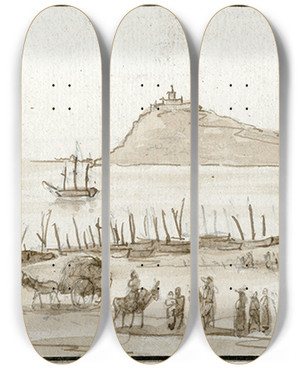 Triptych art skateboard deck of Otto Howen Gezicht Op De Haven Van Barcelona_1 by Otto Howen (1774-1848)