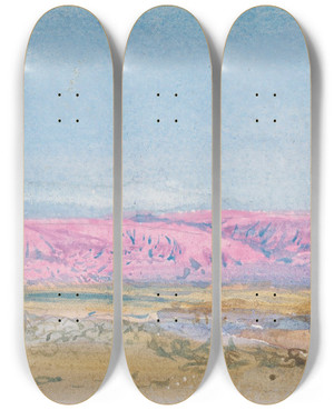 Triptych art skateboard deck of Arthur Ditchfield A Mountain Landscape by Arthur Ditchfield (1842-1888)