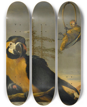 Triptych art skateboard deck of Melchior Dhondecoeter Birds On A Balustrade by Melchior d'Hondecoeter (1636-1695)