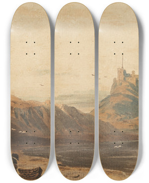 Triptych art skateboard deck of John Varley Castle On Holy Island by John Varley (1778-1842)