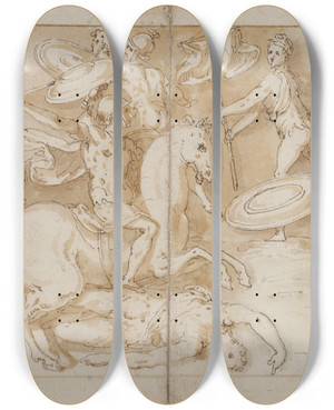 Triptych art skateboard deck of Giovanni Guerra Romerske Soldater Krydser En Flod I Bde En Kmpende Romersk Soldat Romerske Vagter Fremfrer Tilfangetagne Barbarer For Kejseren Pbegyndelsen Af En March by Giovanni Guerra (1544-1618)