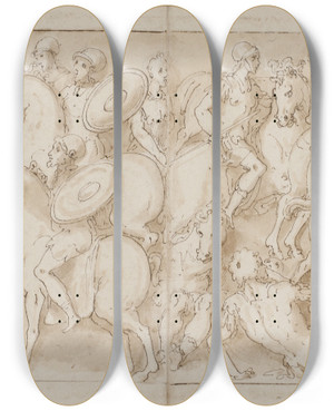 Triptych art skateboard deck of Giovanni Guerra En Soldat Germanske Ryttere Fres Til Marcus Aurelius P Hesteryg Sarmaterne Drives P Flugt Af Romere Pbegyndelsen Af En Romersk March Med Dets Flge by Giovanni Guerra (1544-1618)