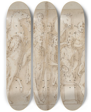 Triptych art skateboard deck of Giovanni Guerra Tilfangetagne Kvinder Fres Bort Livvagternes Optog Marcus Aurelius Ofrer Ved Et Alter Marcus Aurelius Betragter Et Angreb by Giovanni Guerra (1544-1618)