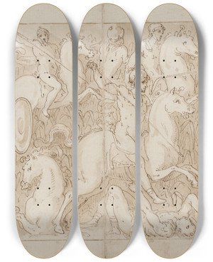 Triptych art skateboard deck of Giovanni Guerra Afslutningen P En Restaureret Del Af Sjlen Sarmaterne Jages Ud I Sumpen Romerne Angriber En Germansk Fstning by Giovanni Guerra (1544-1618)