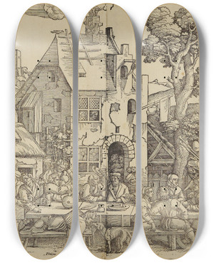 Triptych art skateboard deck of Sebald Beham Das Grosse Kirchweihfest In Vier Teilen by Sebald Beham (1500-1550)