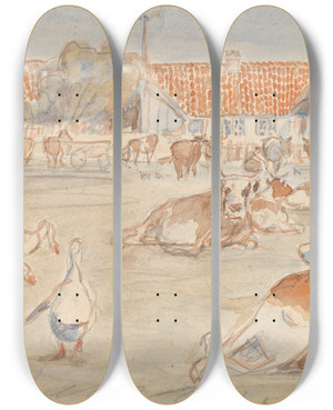 Triptych art skateboard deck of Theodor Philipsen Ker Og Gs Ved Nyvrk P Saltholm Udkast Til Dekoration Af Punchebolle by Theodor Philipsen (1840-1920)
