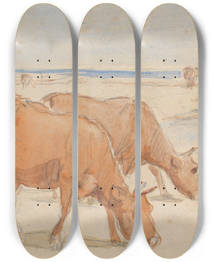 Triptych art skateboard deck of Theodor Philipsen Ker Og Kalve Nr Indskibningsstedet P Saltholm Udkast Til Dekoration Af Punchebolle by Theodor Philipsen (1840-1920)
