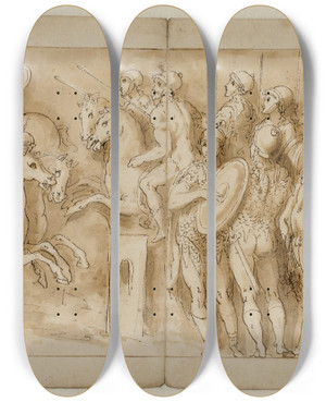 Triptych art skateboard deck of Giovanni Guerra Sarmatere Fremfrt For Det Kejserlige Rd Marcus Aurelius Og Pompejus P Hesteryg Omgivet Af Vagter Betragter Et Mindre Opgr Germanske Adelsmnd Overbringer En Meddelelse by Giovanni Guerra (1544-1618)