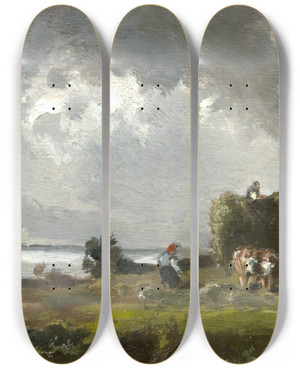Triptych art skateboard deck of Fritz Halbergkrauss Heuernte Am Chiemsee by Fritz Halberg Krauss (1874-1951)