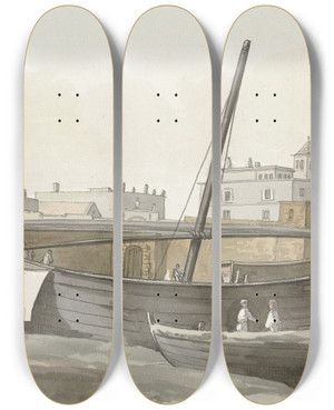 Triptych art skateboard deck of Abrahamlouisrodolphe Ducros Gezicht Op De Haven Van Bari Aan De Zuidkant by Abraham-Louis-Rodolphe Ducros (1748-1810)