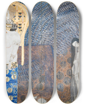 Triptych art skateboard deck of Gustav Klimt Beethovenfries Die Feindlichen Gewalten Tafel 1 Stirnwand by Gustav Klimt (1862-1918)