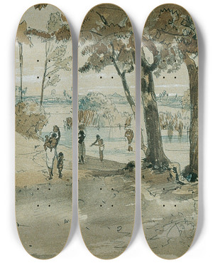 Triptych art skateboard deck of Joseph Selleny Buddhistischer Tempel Bei Point De Galle Wakwalla Auf Ceylon Sri Lanka by Joseph Selleny (1824-1875)